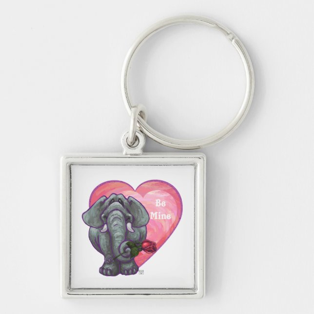 Elefant Valentindagen Fyrkantig Silverfärgad Nyckelring (Framsidan)