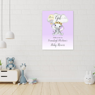 Elefant Varm Luft Ballong Baby Flicka Lila Välkomm Poster
