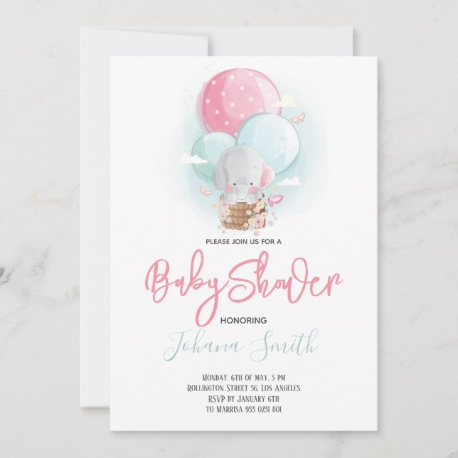 Elefant Varmbältesballong Baby Shower Inbjudan (Framsida)