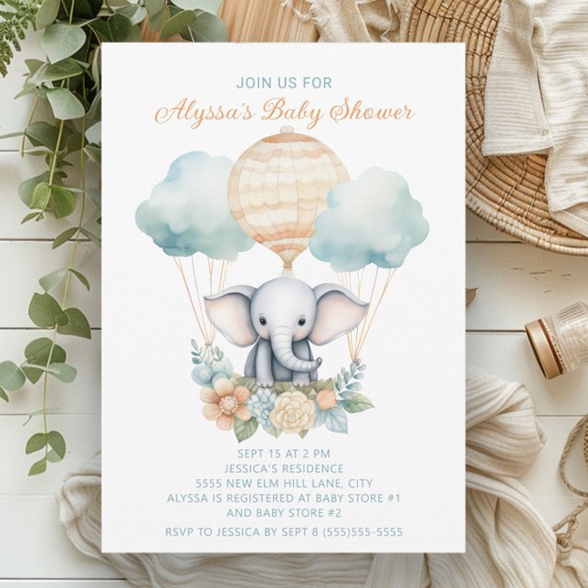 Elefant varmluftsballong Blå Persika Pojke Inbjudningar (Baby elephant and balloons baby boy shower invitation)