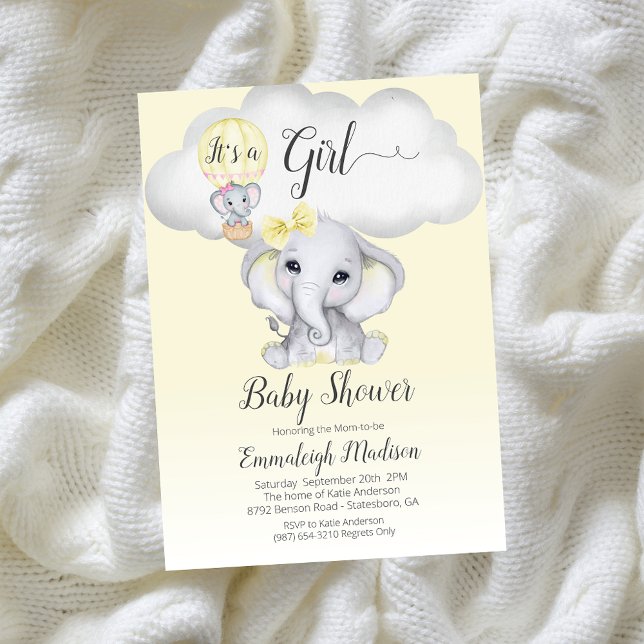 Elefant varmluftsballong flicka bebis shower | Gul Inbjudningar (Skapare uppladdad)