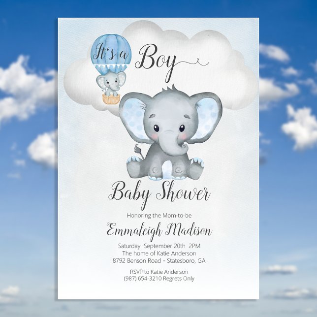 Elefant varmluftsballong pojke baby shower | Blå I Inbjudningar (Skapare uppladdad)