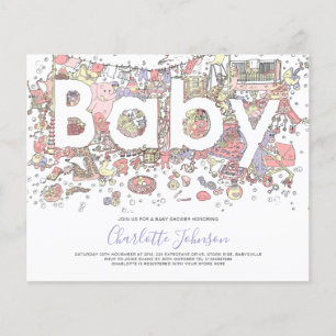 Elefant Vattenfärg Budget Baby Shower Lila Flygblad
