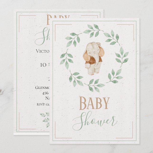 Elefant Vattenfärg Krans Baby Shower Inbjudningar (Fram/baksida)