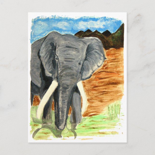 Elefant vattenfärg med berg vykort (Framsida)