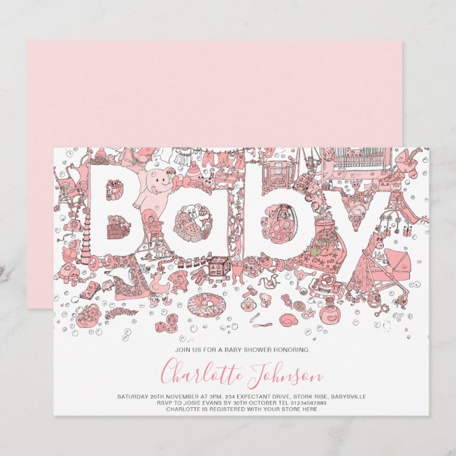 Elefant Vattenfärg Rosa Baby Shower Inbjudningar (Fram/baksida)