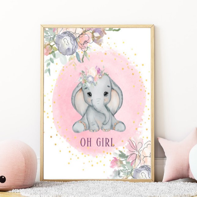 Elefant Vattenfärg Rosa Blommig Babyflicka Barnkam Poster (Skapare uppladdad)