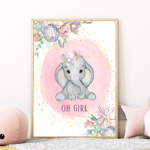 Elefant Vattenfärg Rosa Blommig Babyflicka Nurseri Poster