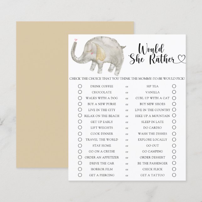 Elefant / Vilken Baby Shower-lek för tjej (Fram/baksida)