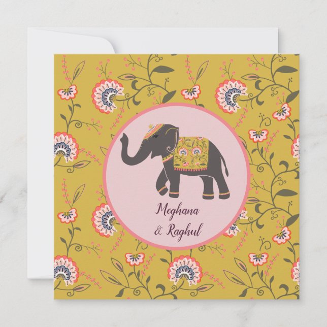 Elefant Vintage Gult Mönster Indiska Bröllop Inbjudningar (Framsida)