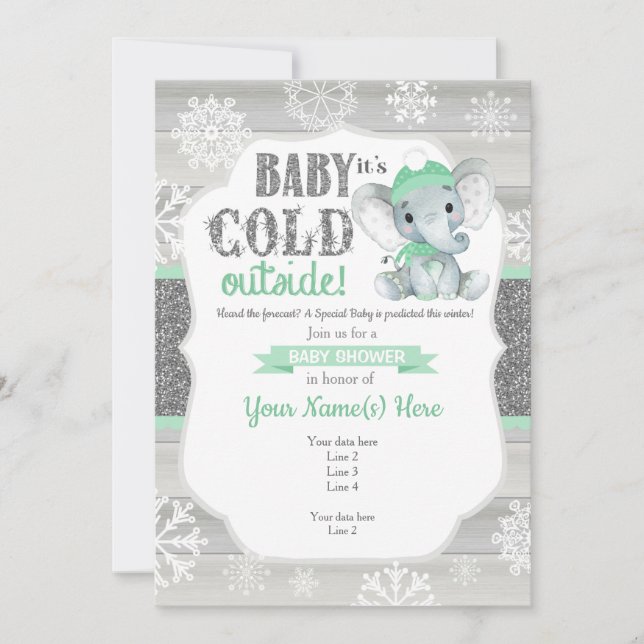 Elefant Winter-inbjudan MintNeutral Baby Shower Inbjudningar (Framsida)