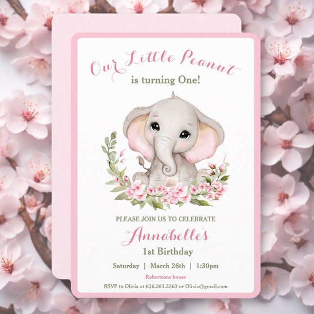 Elefantålder Anpassningsbar 1:a födelsedag för fli Inbjudningar (Elephant 1st Birthday Girl Invitation | Custom Age)