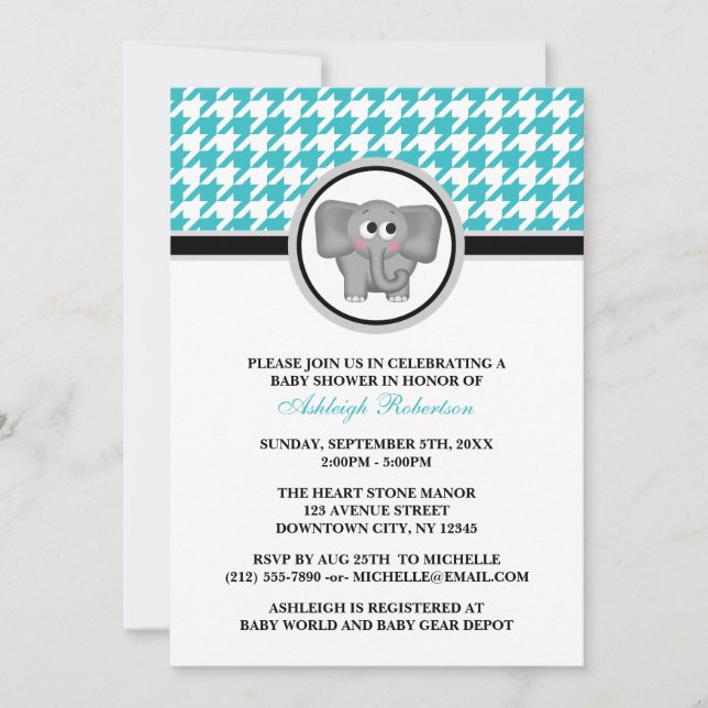 Elefantasin Turcos & White Houndstooth Baby Shower Inbjudningar (Framsida)