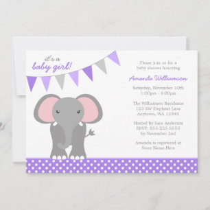 Elefantastiska Lila Polka Dot Banner Girl Baby Sho Inbjudningar