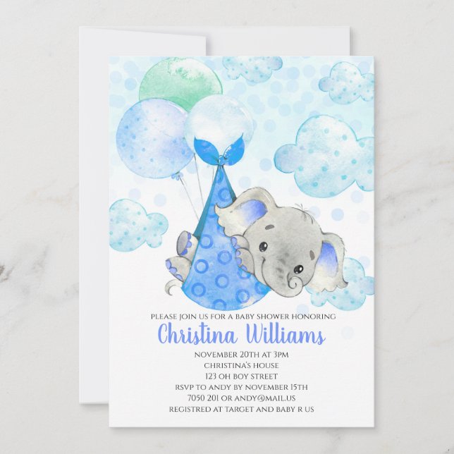 Elefantastiska Unge Cute Boy Baby Shower Blue Inbjudningar (Framsida)