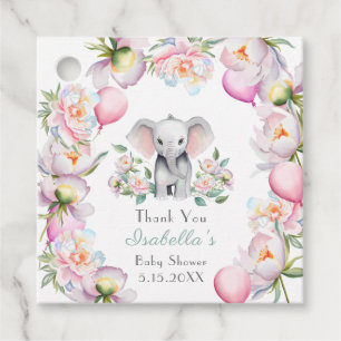 Elefantbaby med peonior & ballonger Baby Shower Gåvor Etiketter