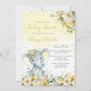 Elefantbaby och gula blommor flicka baby shower. inbjudningar