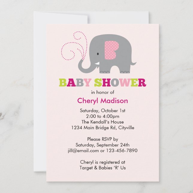 Elefantbaby shower - rosa inbjudningar (Framsida)