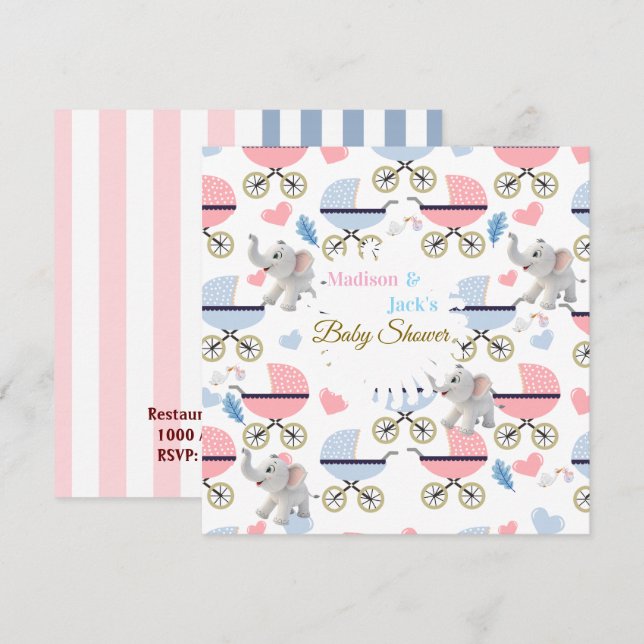 Elefantbabysäng Kort Inbjudan för Baby Shower  (Fram/baksida)