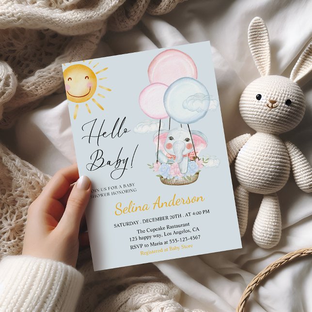 Elefantballong för baby shower-inbjudan med fantas inbjudningar (Skapare uppladdad)