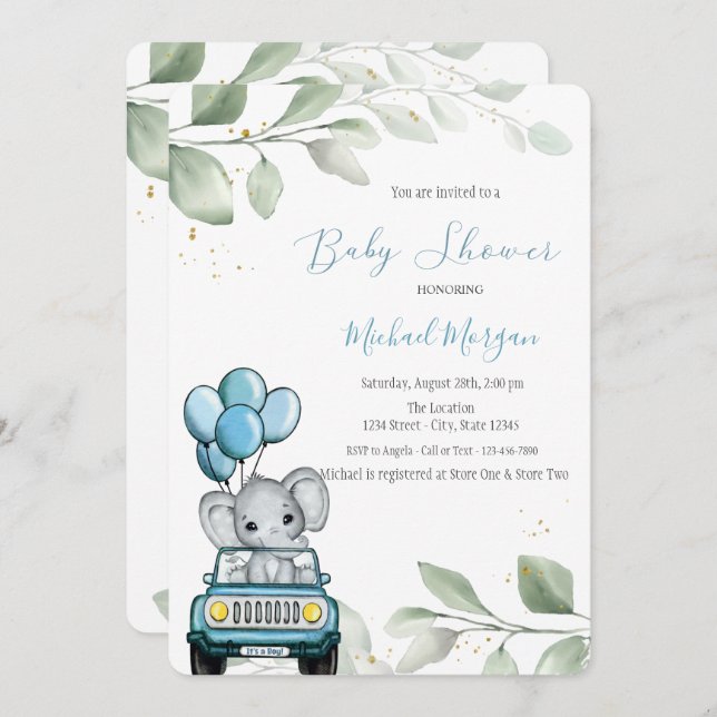 Elefantballonger Bilblad Baby Shower Inbjudningar (Fram/baksida)