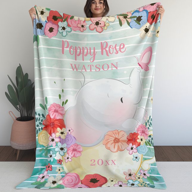 Elefantblad med blommor + eget namn fleecefilt (Elephant Blanket with Flowers + Custom Name (L))