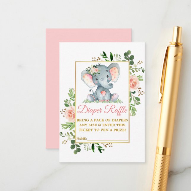 Elefantblöja Lotteri Rosa Rosor Baby Shower Tilläggskort (Fram/Back In Situ)