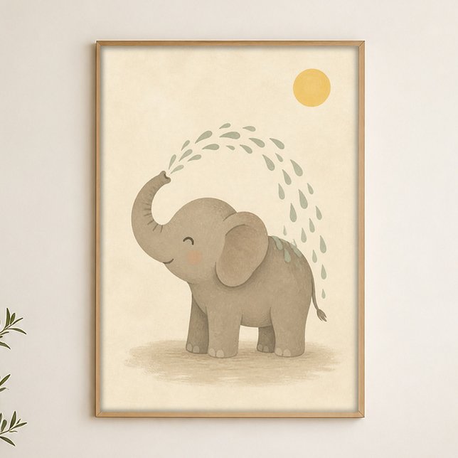 Elefantdusch Vattenfärg Whimsical Konstaffisch Poster (Shown framed for scale. Poster ships unframed; frames are an optional add-on.)