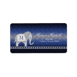 Elefanten går Monogramsilver/blått ID390 Adressetikett