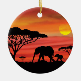 Elefanten i mor och Baby i Serengeti Julgransprydnad Keramik