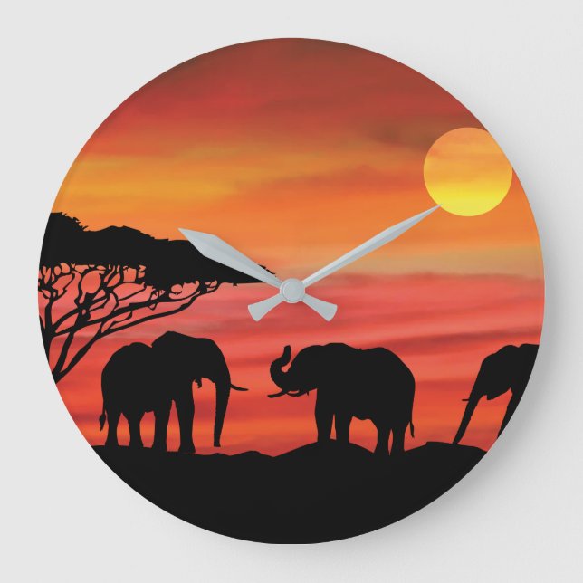 Elefanten i Serengeti Sunset Stor Klocka (Framsida)