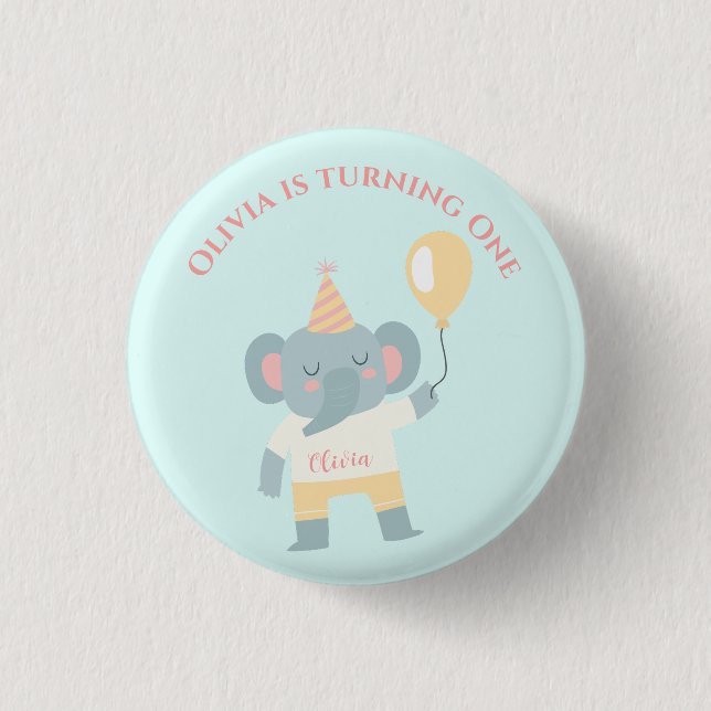 Elefanten med hatt och ballong födelsedagsfest knapp (Framsida)