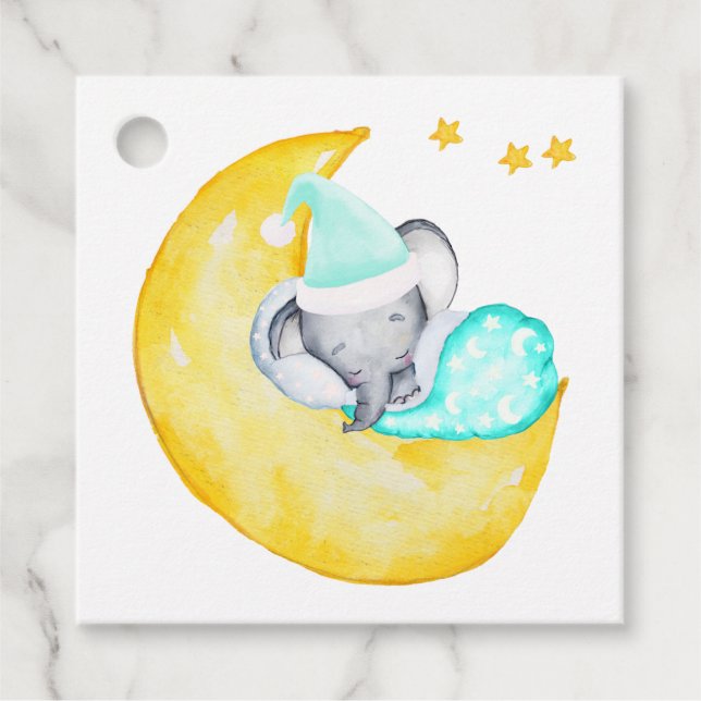 Elefanten på Måne Cute Neutralt Baby Shower Gåvor Etiketter (Framsida)