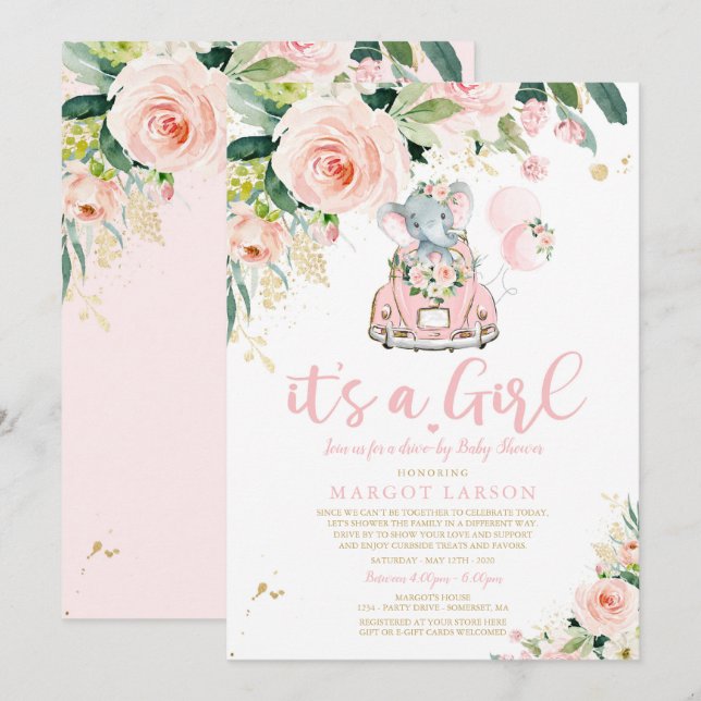 Elefantenhet efter inbjudan till babyskor Rosa ros (Fram/baksida)