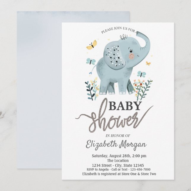 Elefanter Blommor Fjärilar Baby Shower Inbjudningar (Fram/baksida)