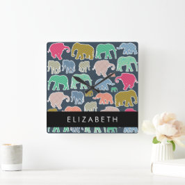 Elefanter, Elephant Mönster, ditt namn Fyrkantig Klocka