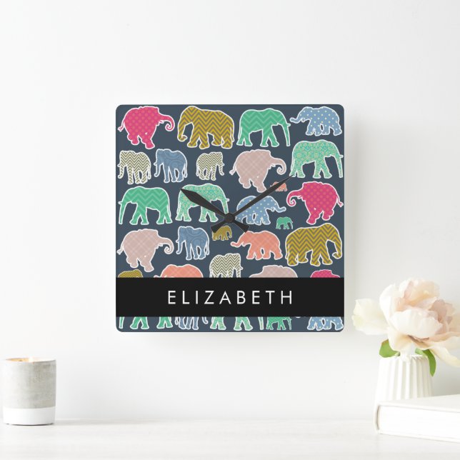 Elefanter, Elephant Mönster, ditt namn Fyrkantig Klocka (Hem)