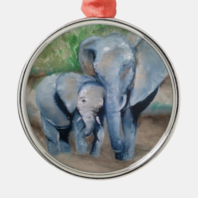Elefanter fostrar och behandla som ett barn julgransprydnad metall (Framsidan)