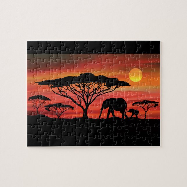 elefanter i Serengeti Sunset Pussel (Horisontell)