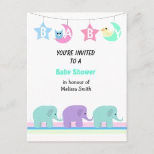 Elefanter Måne och Stjärnor Baby Shower Inbjudan
