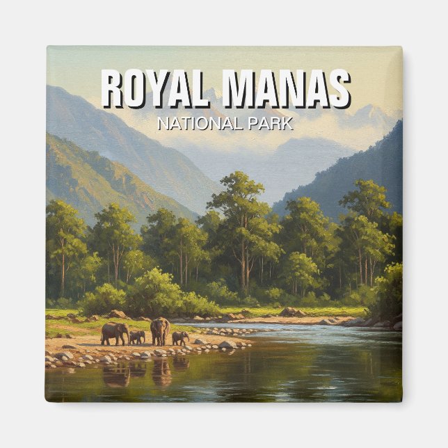 Elefanter på Royal Manas nationalpark Magnet (Framsidan)