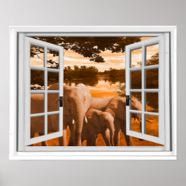Elefanter Solnedgångsutsikt Trompe l'oeil Fönstera Poster