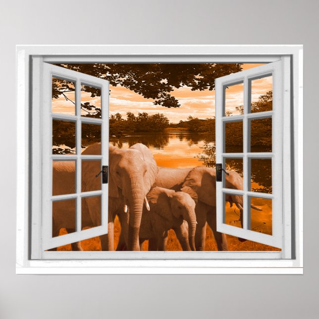 Elefanter Solnedgångsutsikt Trompe l'oeil Fönstera Poster (Framsidan)