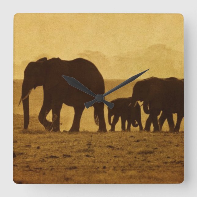 Elefantfamilj Fyrkantig Klocka (Framsida)
