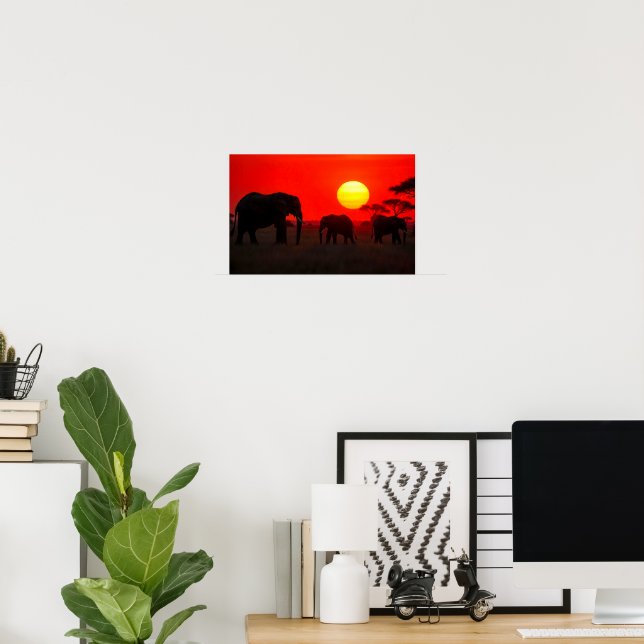 Elefantfamilj i solnedgång poster (Hemmakontoret)