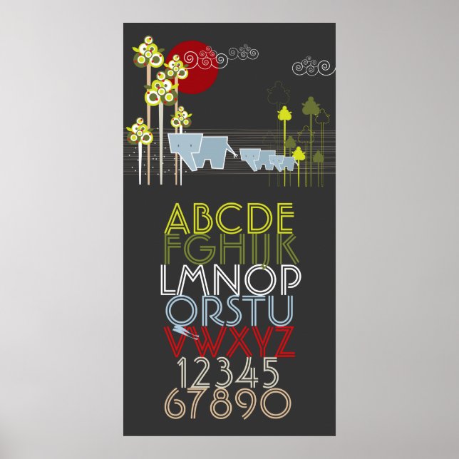 Elefantfamiljen i skogsalfabeter och -nummer poster (Framsidan)