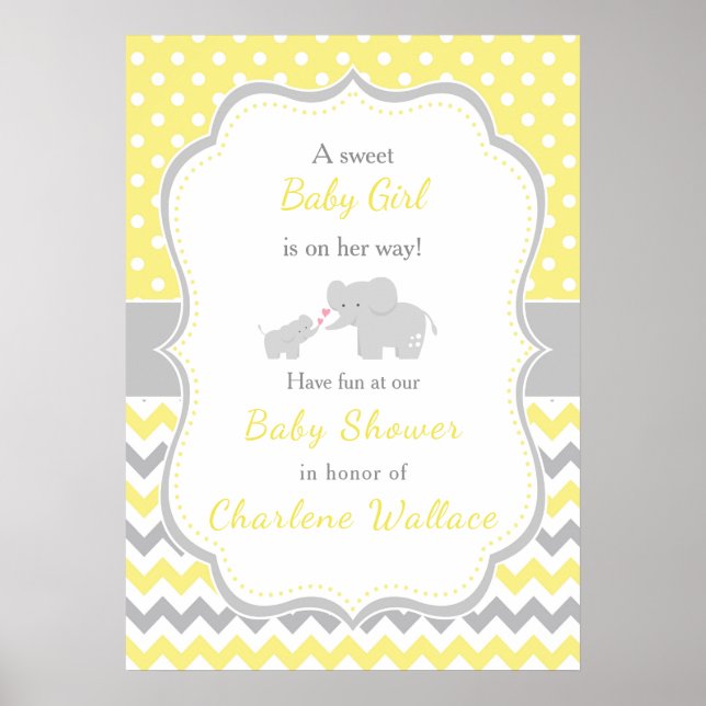 Elefantfilm Gult och Grått Baby Shower Poster (Framsidan)