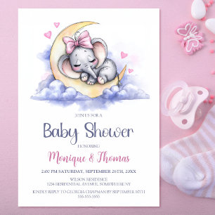 Elefantflicka Måne Baby Shower Inbjudningar