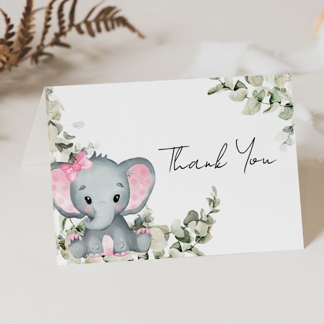 Elefantflicka Rosa Bebisdopp Tacksamhetskort Tack Kort (elephant girl baby shower thank you)