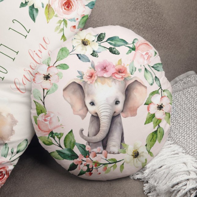 Elefantfyllning av elfenben i Blommigten för utand Rund Kudde (Cute Round Floral Wreath Elephant Pillow)